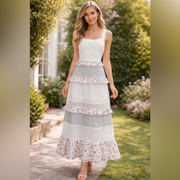 Lulus Dresses & Skirts - Lulus Lost In Lunar M Florance Cottagecore Linen Cotton Eyelet Tiered Maxi Dress